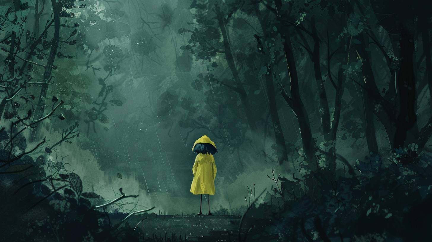 Detailed watercolor, cartoon, Coraline in a yellow raincoat, standing in a dark forest, muted green, diffuse light, cinematic, Neil Gaiman --aspect ratio 16:9 --version 6.0