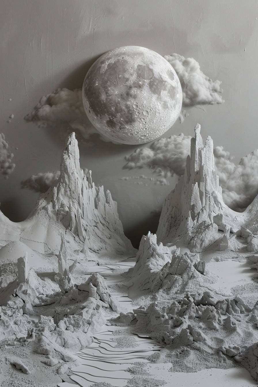In style of Daniel Arsham, Lunar eclipse casting shadows across the land