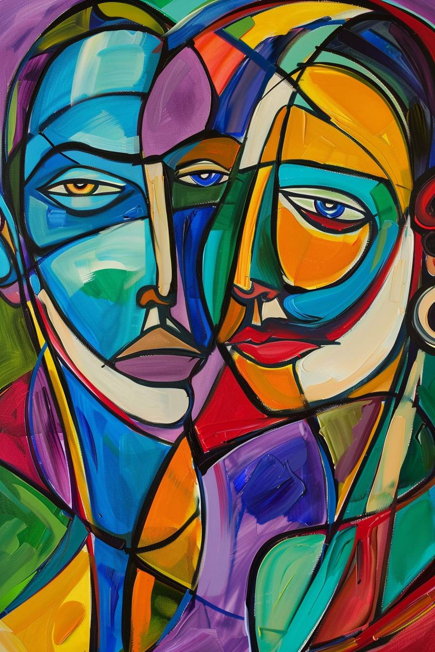 2つの人物、男性と女性、があり、鮮やかな色彩と滑らかな線、細かい表情を持つ抽象画で、彼らの間の瞬間を描いています。背景には彼らの形を補完する抽象的な形が満ちており、彼らの顔に焦点を当てながら調和のとれた構図を作り出しています。