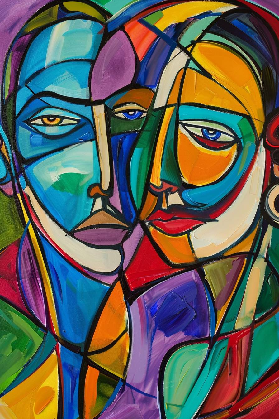 An abstract painting featuring two figures, one male and one female, in vibrant colors with smooth lines and detailed facial expressions, depicting a moment between them. The background is filled with abstract shapes that complement their forms, creating a harmonious composition while focusing on their faces.