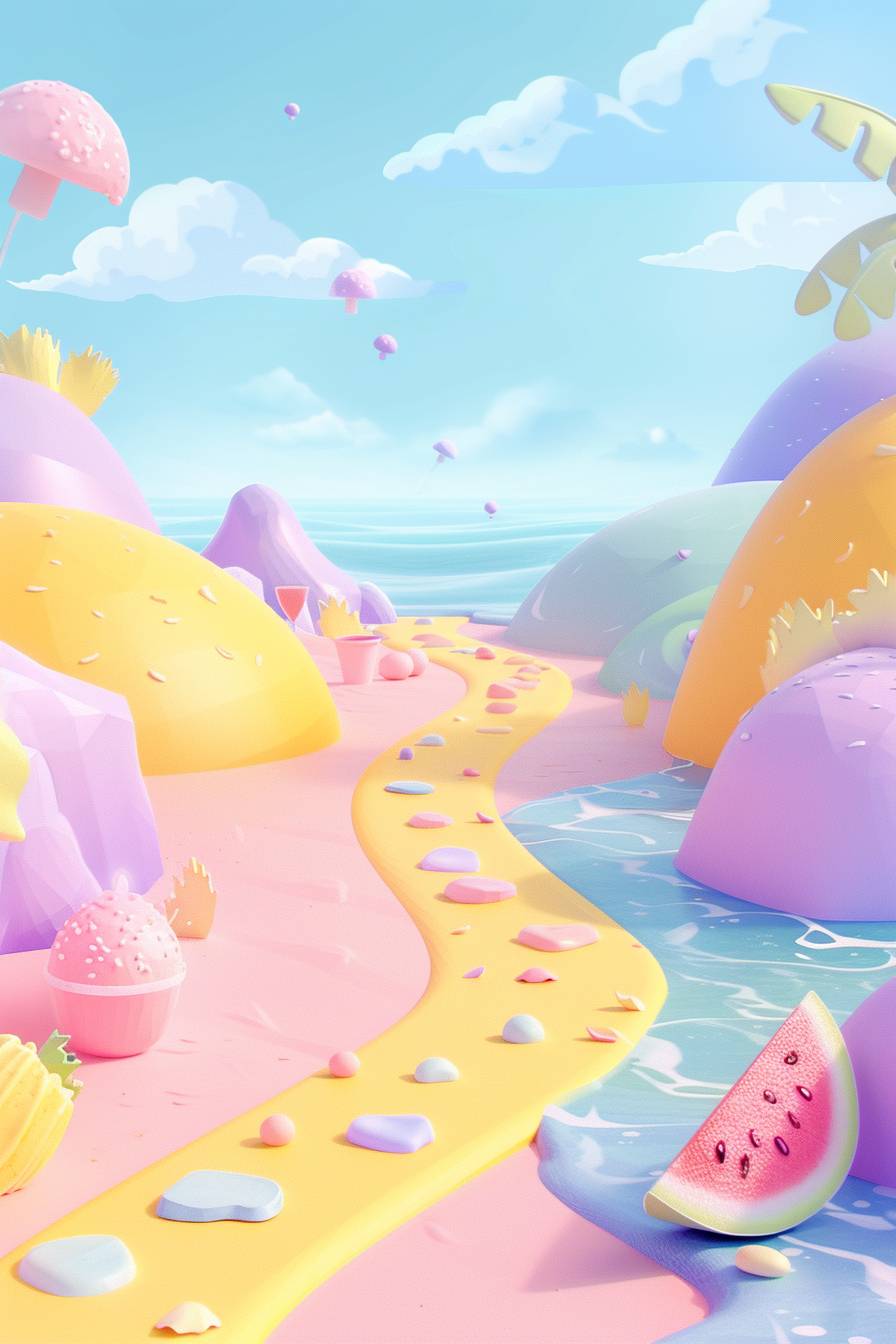 Colorful and happy pastel minimalist background, childish, suitable for summer camp for young children, joy, light, freshness, watermelon, ice cream, sea, summer, freedom, path, track, colors yellow, light blue, purple, 3D, anime, clay-made cartoon, high quality