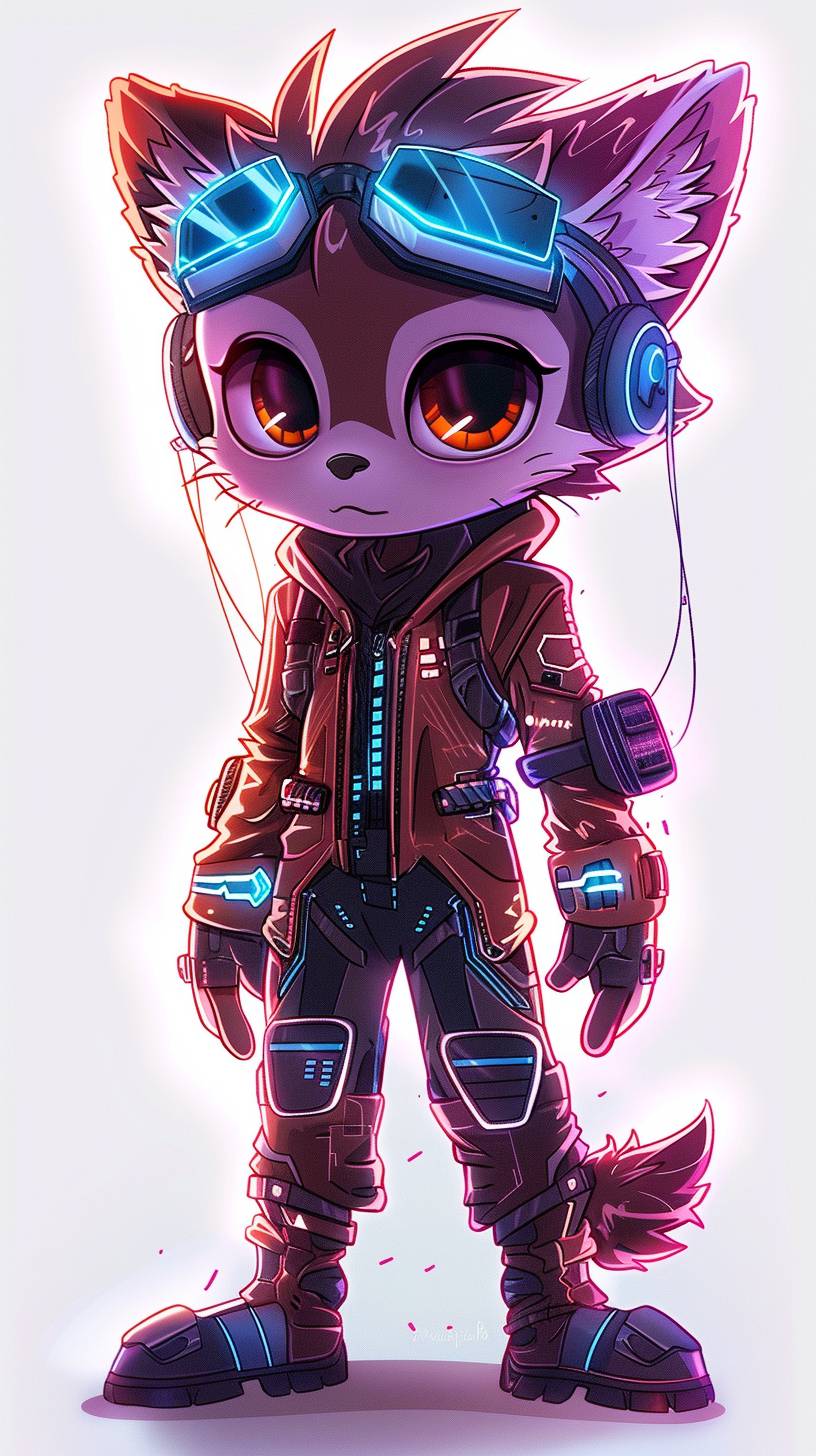 A photograph in the real world, rearism, Draw a chibi-style character named Pico, who has the appearance of a hedgehog with soft Chihuahua fur. Pico is facing forward, with large, expressive brown eyes and a small, rounded body. She is wearing a cyberpunk outfit, including a sleek, futuristic jacket with glowing neon lines, and matching pants. She has high-tech goggles on her head. Pico's fur and quills are visible, blending naturally with the outfit. The background should be a simple, solid color to emphasize Pico's details, with Cyberpunk clothing and goggles, high-resolution image, full body, front view, centered, white background --ar 9:16 --v 6.0