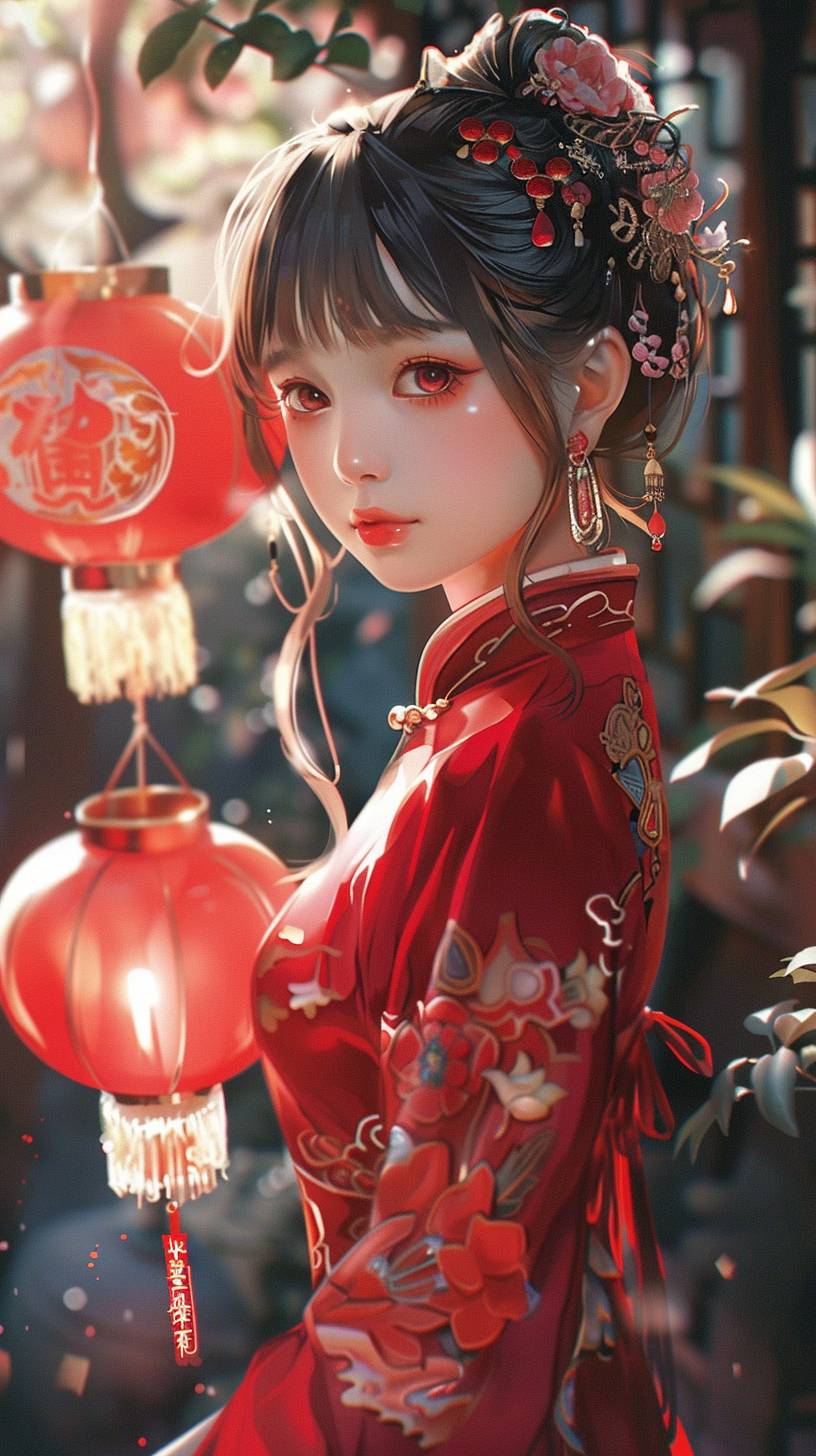 赤い伝統的な中国のドレスを着た女の子は、非常に繊細で美しいです。前髪があり、赤い目、肩よりやや短めの茶色の髪、そしてヘッドピースがあります。側面から見ると、灯笼があり、長い袖、中くらいの髪、赤いリボン、上半身、微笑み、レトロなプロフィール写真、最高品質の傑作で、アニメ風のスタイルです。