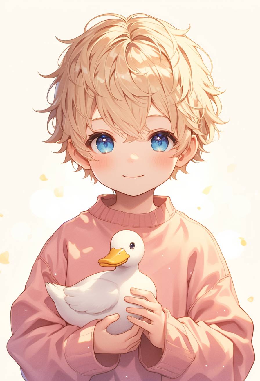 A cute little boy with short hair, blue eyes, and a pink sweater holding an adorable white duck in his hand, in the style of Japanese anime character design drawing, yellow background with small dots, high resolution, cute and dreamy, detailed facial features, light brown blonde color tone, high detail, high quality, high definition.