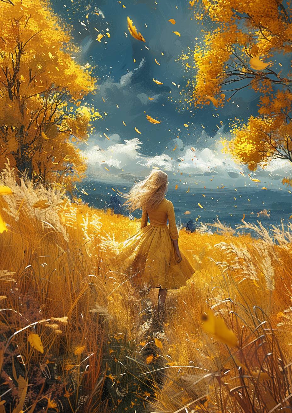 A girl walking through a field, in the style of ethereal trees, dark yellow and azure, majestic, sweeping seascapes, photorealistic representation, graceful balance, wimmelbilder, orange