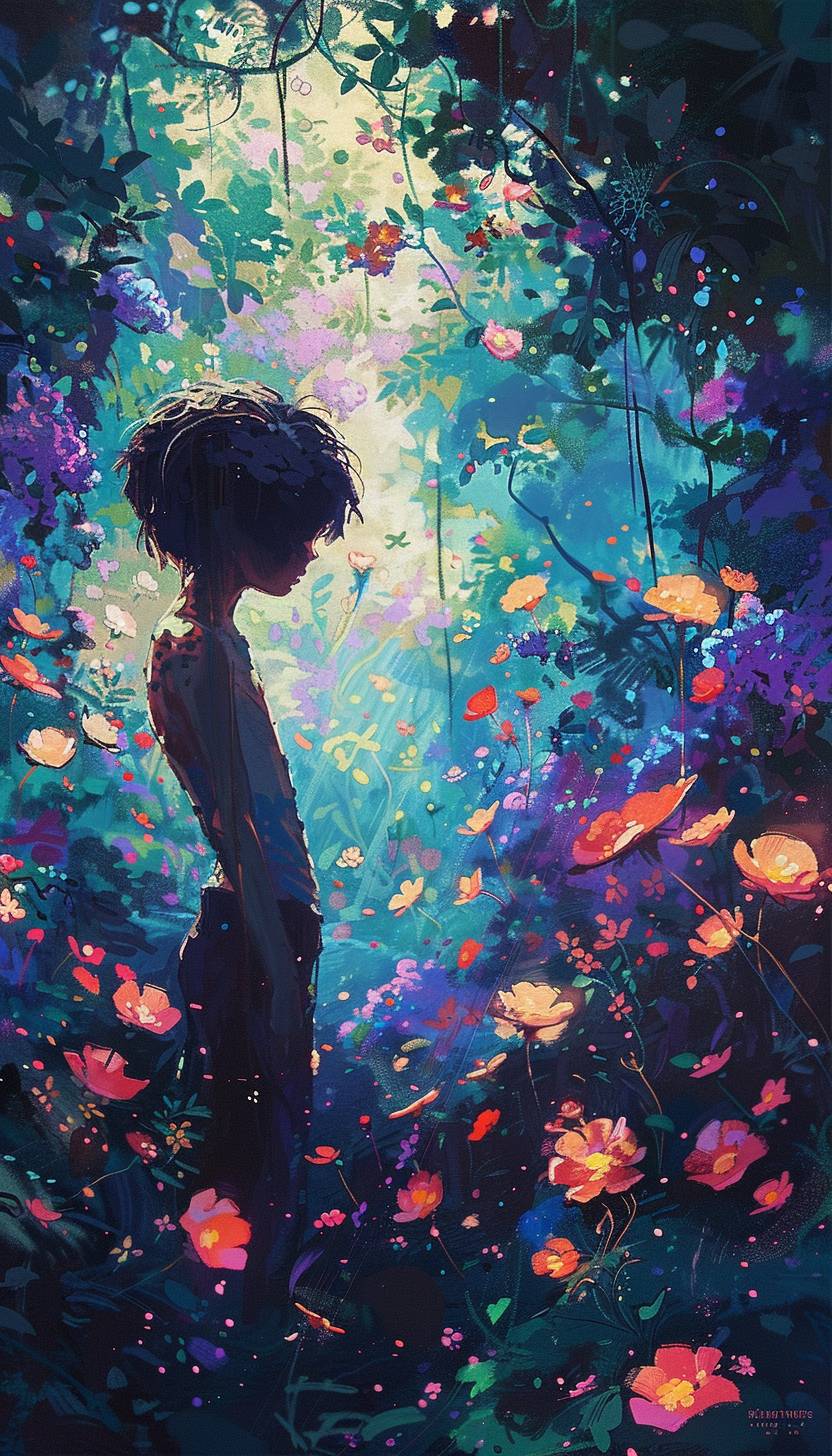 In the style of Ilya Kuvshinov, a mystical garden blooming with enchanted flowers