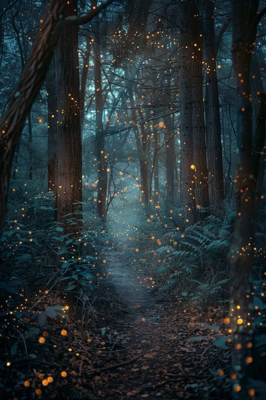 ハロルド・エッジャートン風のスタイルで、発光するホタルがいる神秘的な森