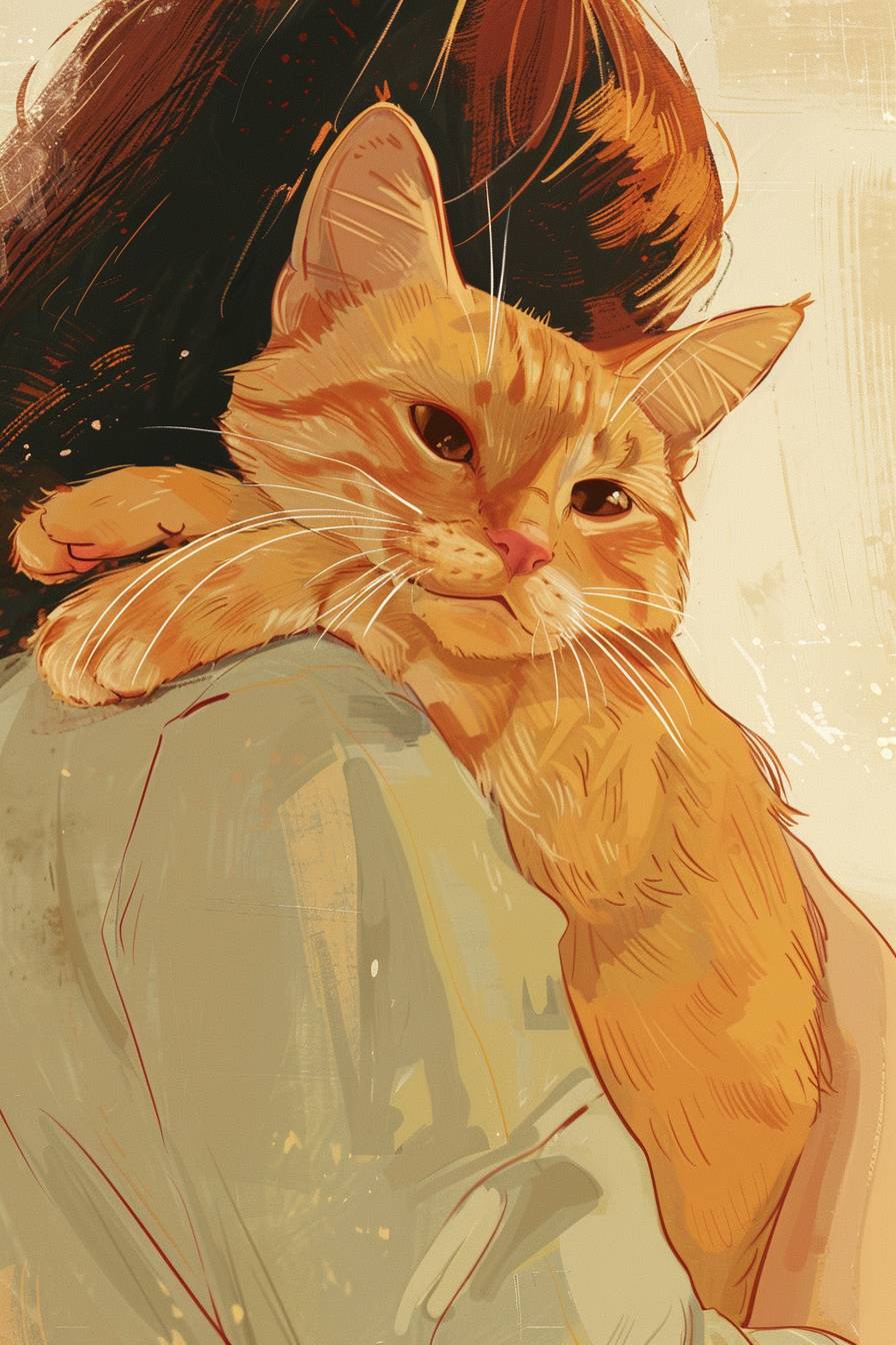 韓国短毛種の猫が人を抱きしめるかわいいイラストで、猫の顔が見え、人の背中が見える。背景は暖かいバターカラーです。ブックカバーとして使用しましょう。暖かい感じがする色を使用してみてください。