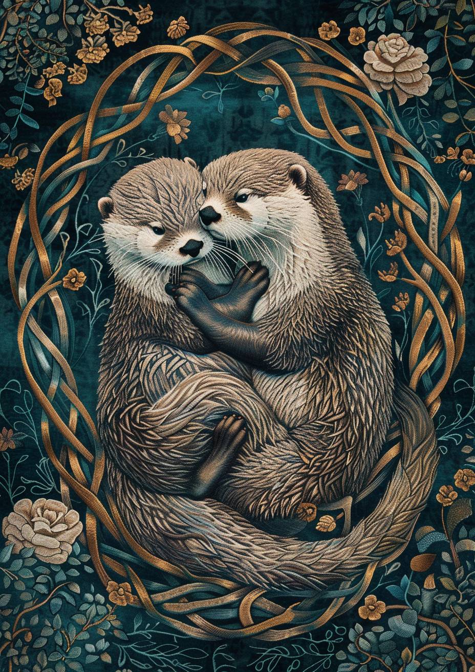 A tapestry featuring two otters intertwined, in the style of Celtic silver knotwork, with a dark background and teal and copper colors, creating a strong visual flow.