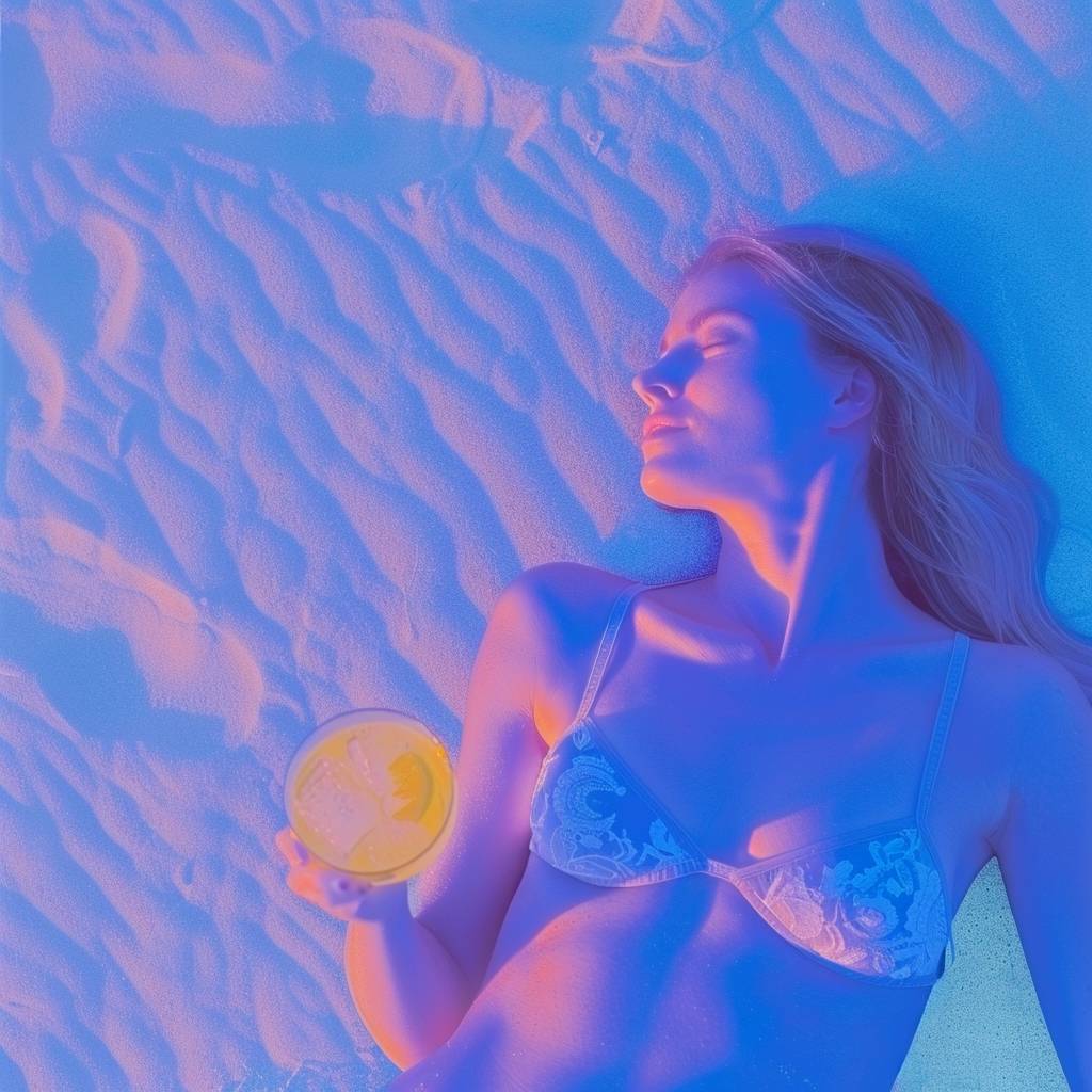 Photo of a woman lying on sand, cocktails, wearing a bikini