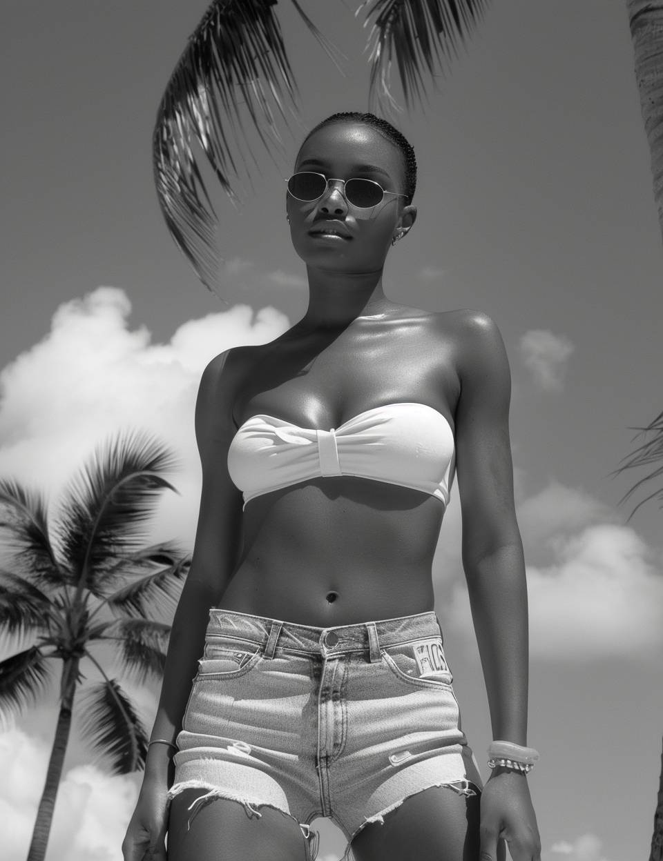 Impudent summer fashion. Very Low angle black and white photo of an African woman wearing denim shorts and sunglasses, standing in the middle of palm trees on a tropical island, sky background, low-angle shot, dynamic pose, natural lighting, full body shot.