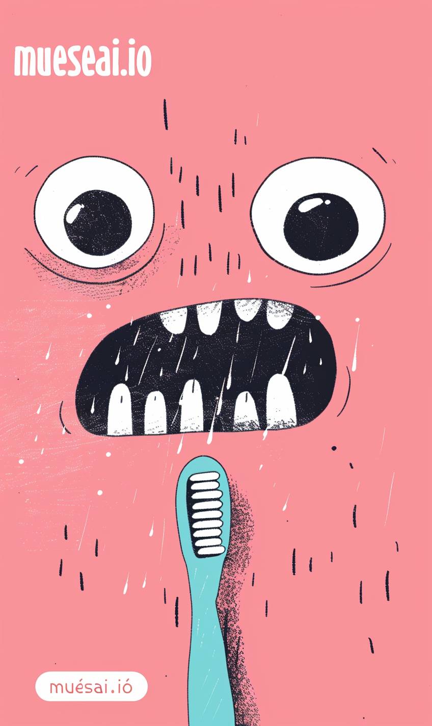 A simple illustration of the text "mueseai.io" with an extreme close up of two black eyes and mouth, a cute pink toothbrush in his open mouth, in the style of Gemma Correll, with a quirky character design and flat pastel colors.