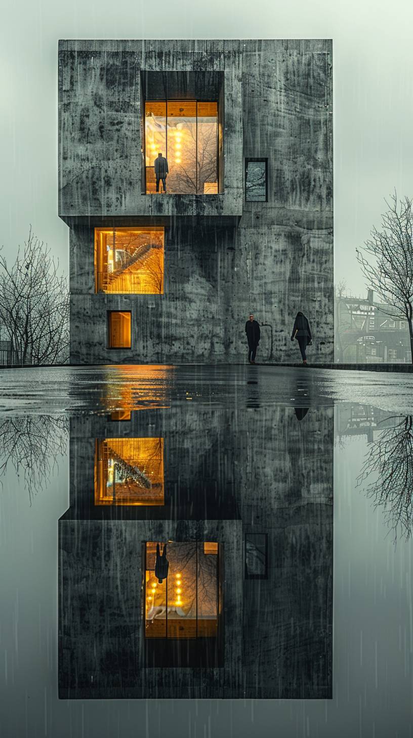 Minimalist architecture made of concrete, with holes as windows, people walking on the street reflecting in a wet road, rain, office building, raw style