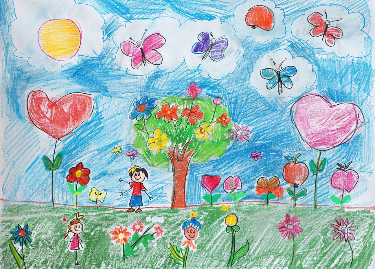 太った子供が手作りで色鉛筆で白い紙に描いた単純な原始アートのスタイルの中に魔法の空と多くの花や蝶があり、子供の本向けの魔法のイメージです。背景は空の色、簡単な線で影がないカートゥーンの可愛らしさがあり、彼らの後ろにはリンゴの木があります。