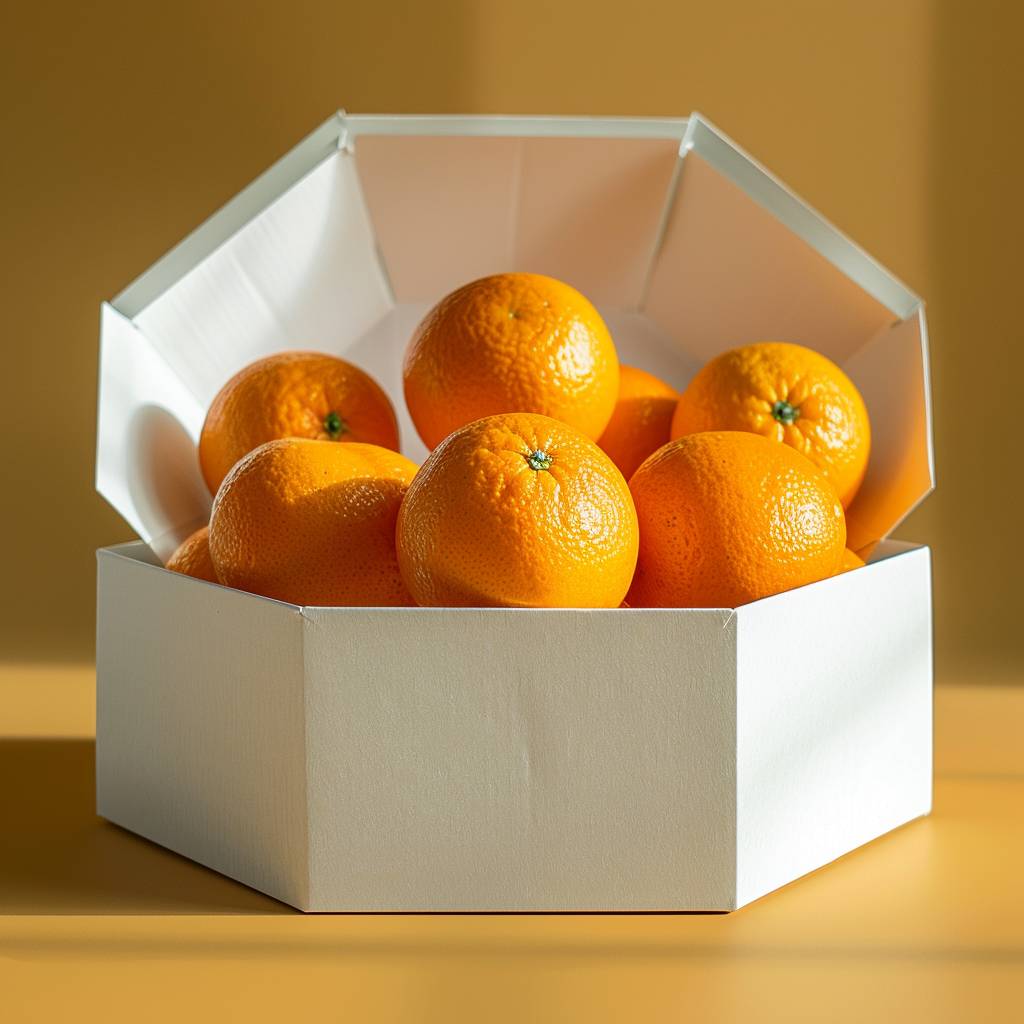 オレンジ用の八角形の白いダンボールの格子箱。八角形のスロット、瓦単のダンボールの壁。テーブル上のモックアップ --v 6.0