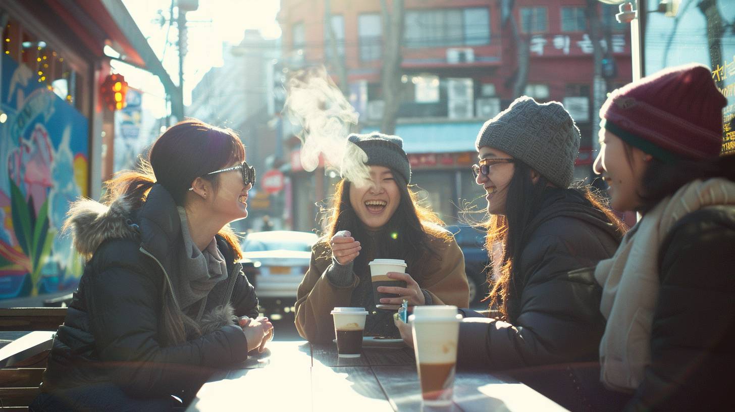 笑いを共有する3人の友人。喜びと友情。ソウルのホンデ地区の屋外カフェ。2015年の昼間。ストリートアート、通り過ぎるヒュンダイジェネシス、他の客。ウェストアップの中ショット。キヤノンEOS 5D Mark III、Kodak Portra 400フィルムで撮影。明るい日差し、コーヒーカップから立ち昇る蒸気、高いコントラスト。