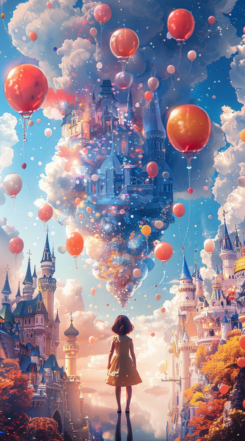 A girl in the center of an amusement park, surrounded by colorful balloons and soft pastel colors. The background features castles floating among many balloon flowers in the style of Disney. A child is standing on their tiptoes with their back to us, looking at all this beautiful scenery. This scene gives people a feeling that they can make their dreams come true. Highly detailed illustration.