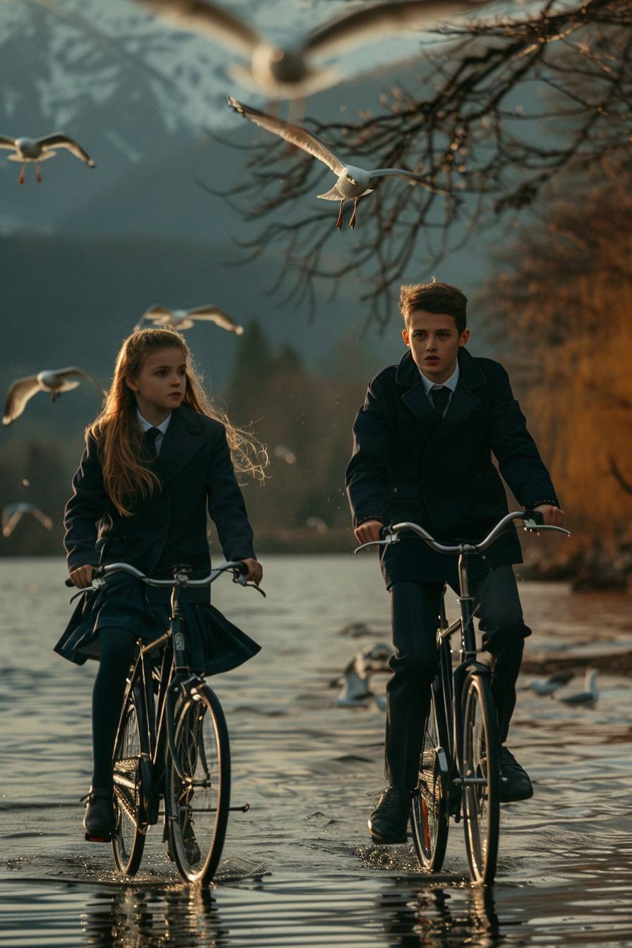 A high-resolution, full-color photograph of two young people riding bicycles along a lakeside path. The boy and girl are both wearing school uniforms, with the girl in a navy blue blazer and skirt, and the boy in a dark coat over his uniform. The scene is set during the golden hour, with the sun casting a warm glow over the water and surrounding mountains. Seagulls are flying around them, adding a dynamic and lively element to the serene and picturesque landscape.