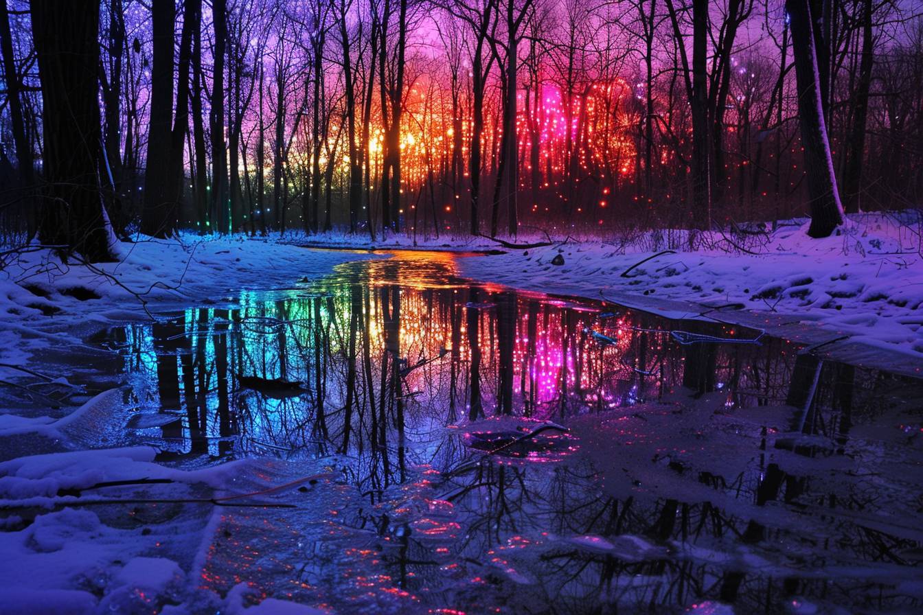 Neon Holographic Frostfire enchanted forest, reflective surfaces, atmospheric effects, color spectrum play