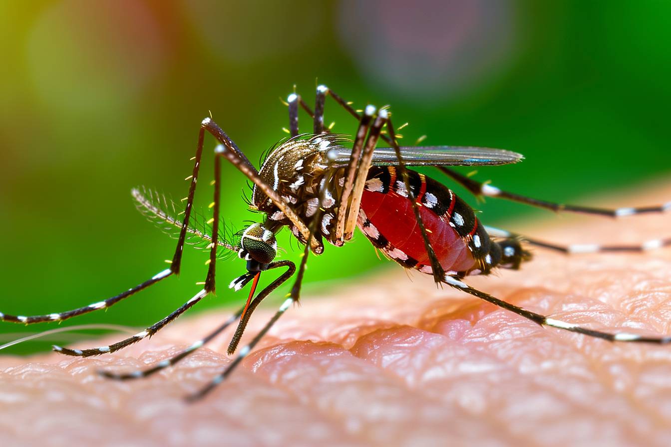 Photo of Dengue fever, a mosquito bites white boy's arm, mosquito's belly is red, full picture, sharp focus