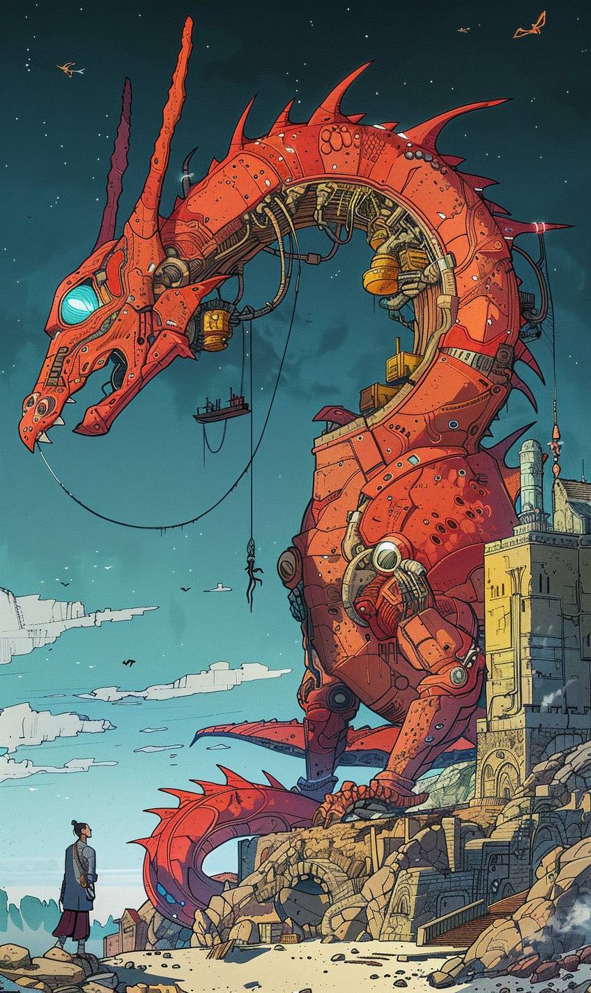 Mœbiusスタイルで、宝物を守る機械ドラゴン --ar 3:5  --v 6.0