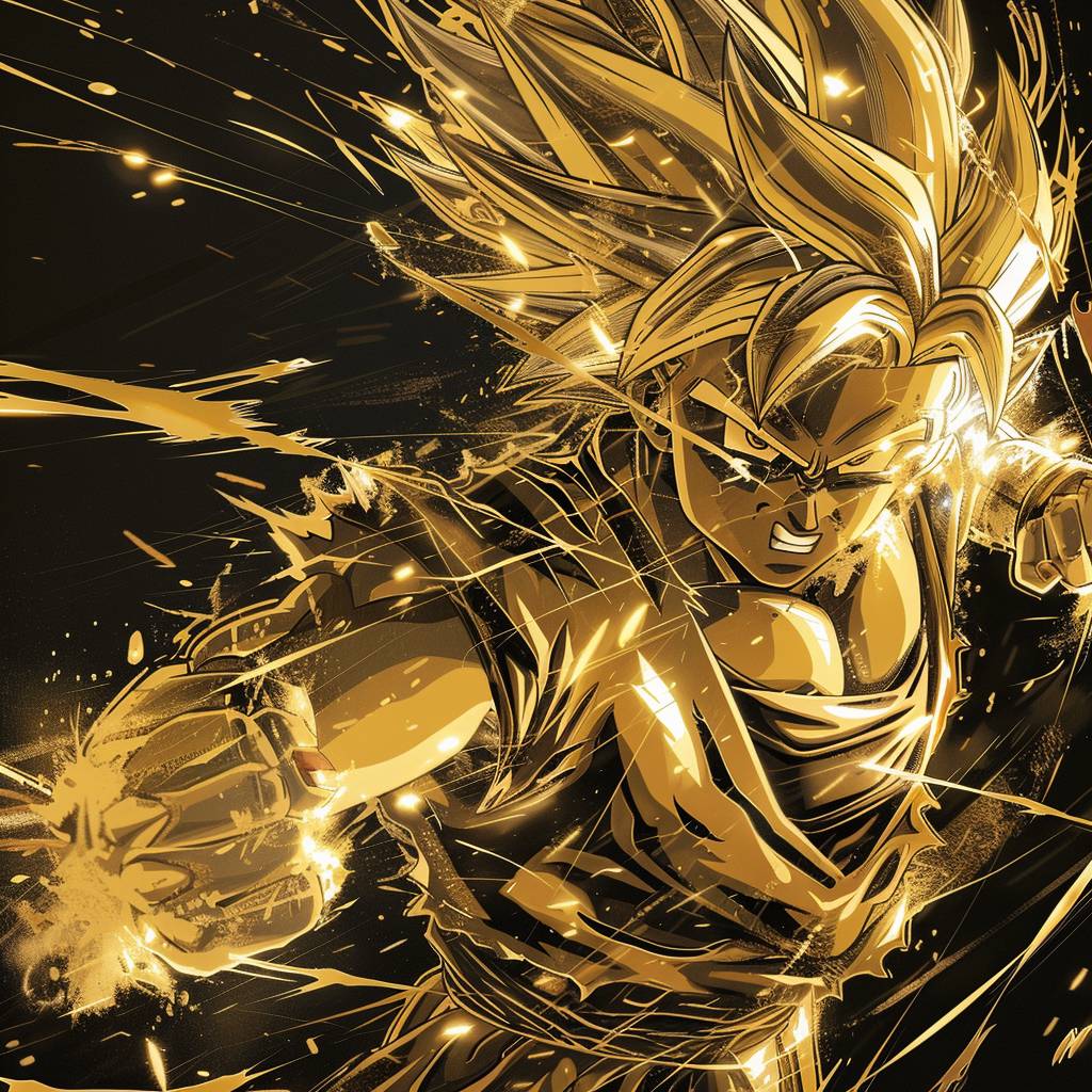 Super Saiyan Goku from Dragon Ball in an action pose, with a vector art style and a gold and black color scheme, dramatic lighting, detailed background elements, a dynamic angle, bold lines, high contrast, anime artwork, high resolution, high detail, vibrant colors, an energetic atmosphere