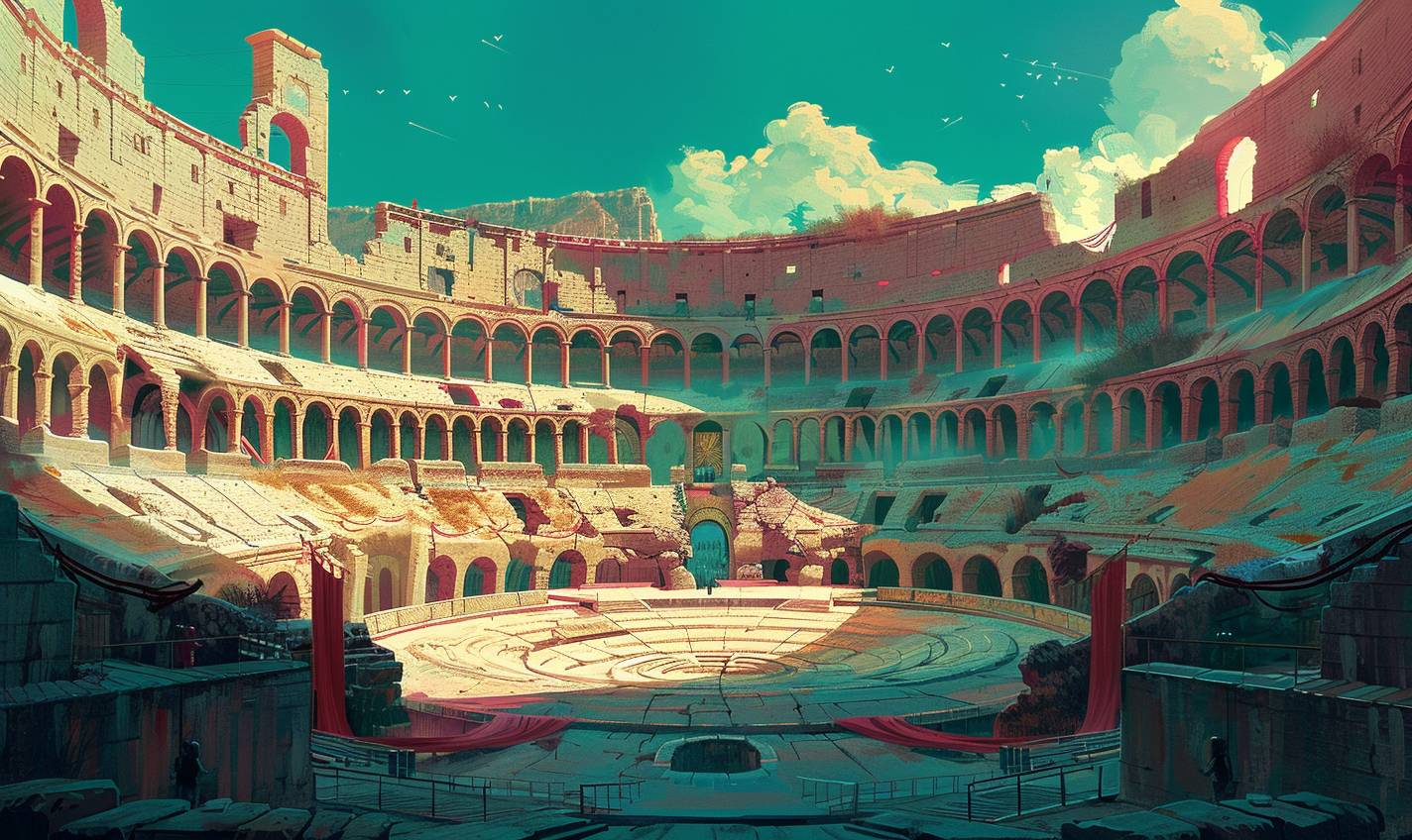 In the style of James Jean, an ancient coliseum hosting spectral gladiators