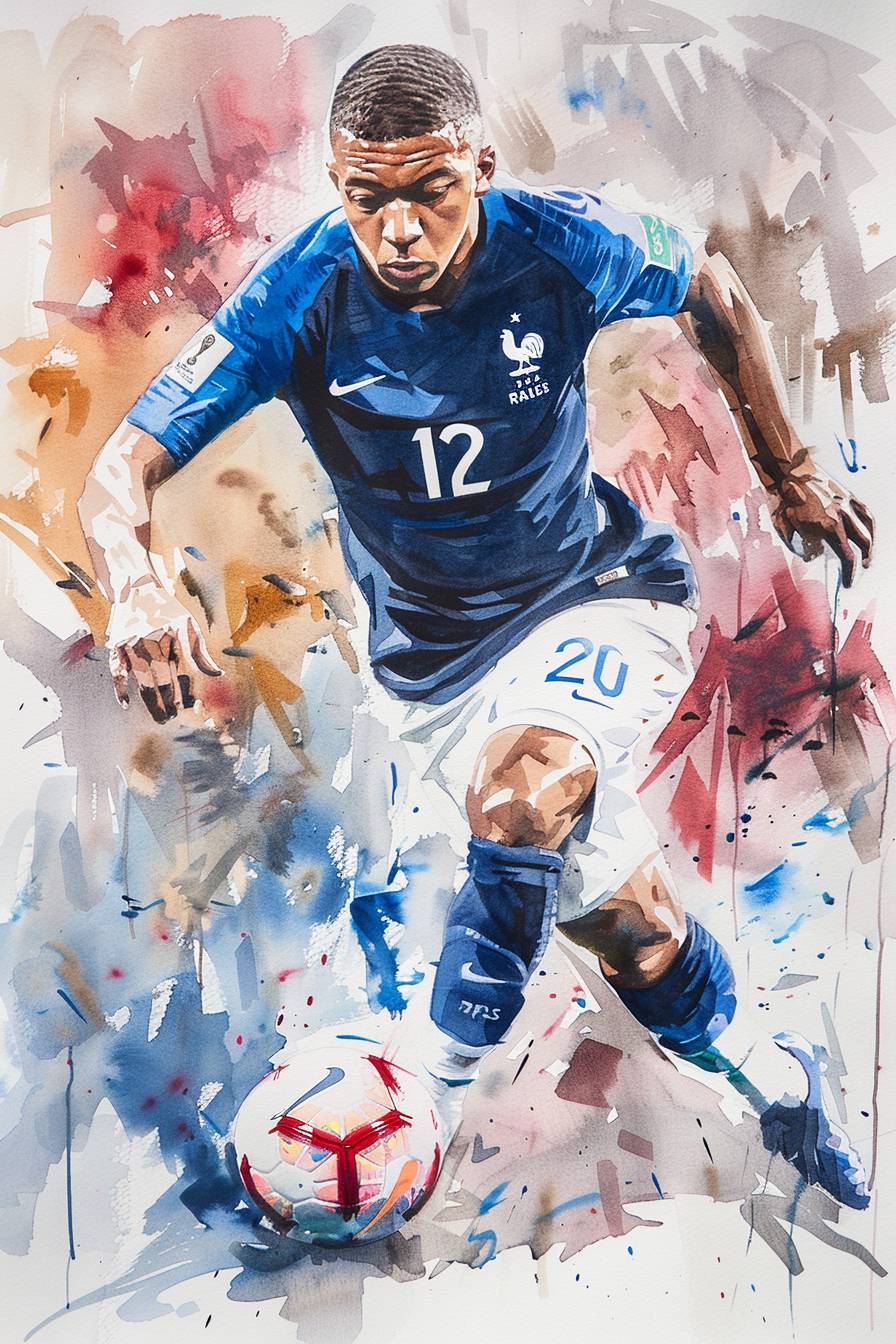 キリアン・エムバペがフランス代表ユニフォームの10番でサッカーをプレイしている、水彩スケッチ