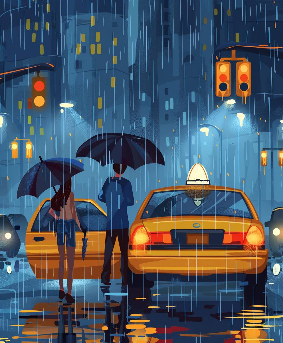 Illustration of two people holding umbrellas, standing next to an open yellow taxi cab with lights on, heavy rain, night time, in the style of modern flat illustration