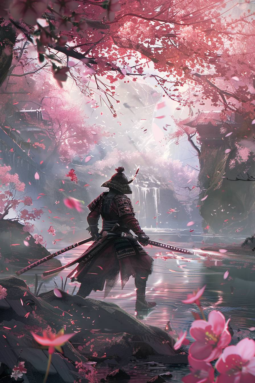 In the style of Makoto Shinkai, a samurai warrior honing skills under cherry blossoms