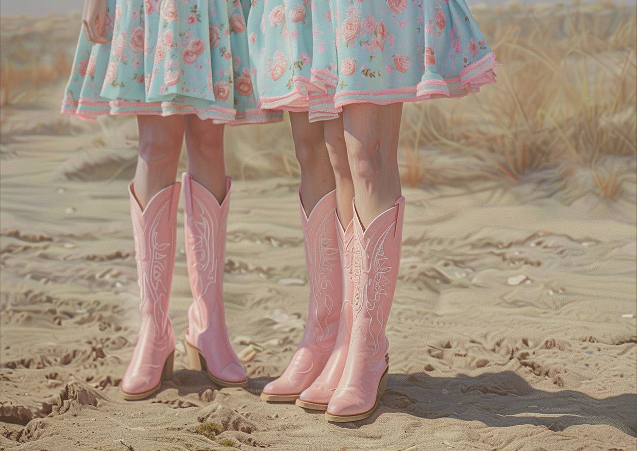 Oil painting of a closeup of cowgirls legs, 3 cowgirls stand in one row, in pink cowboy boots, with a light pink and blue dress, on the beach, in the style of David Hockney, in the art deco style, 3D rendered, hyper realistic, with sharp focus, intricate details, highly detailed, volumetric lighting, cinematic, bright colors, ultra high resolution, rendered in Octane, with super fine detail