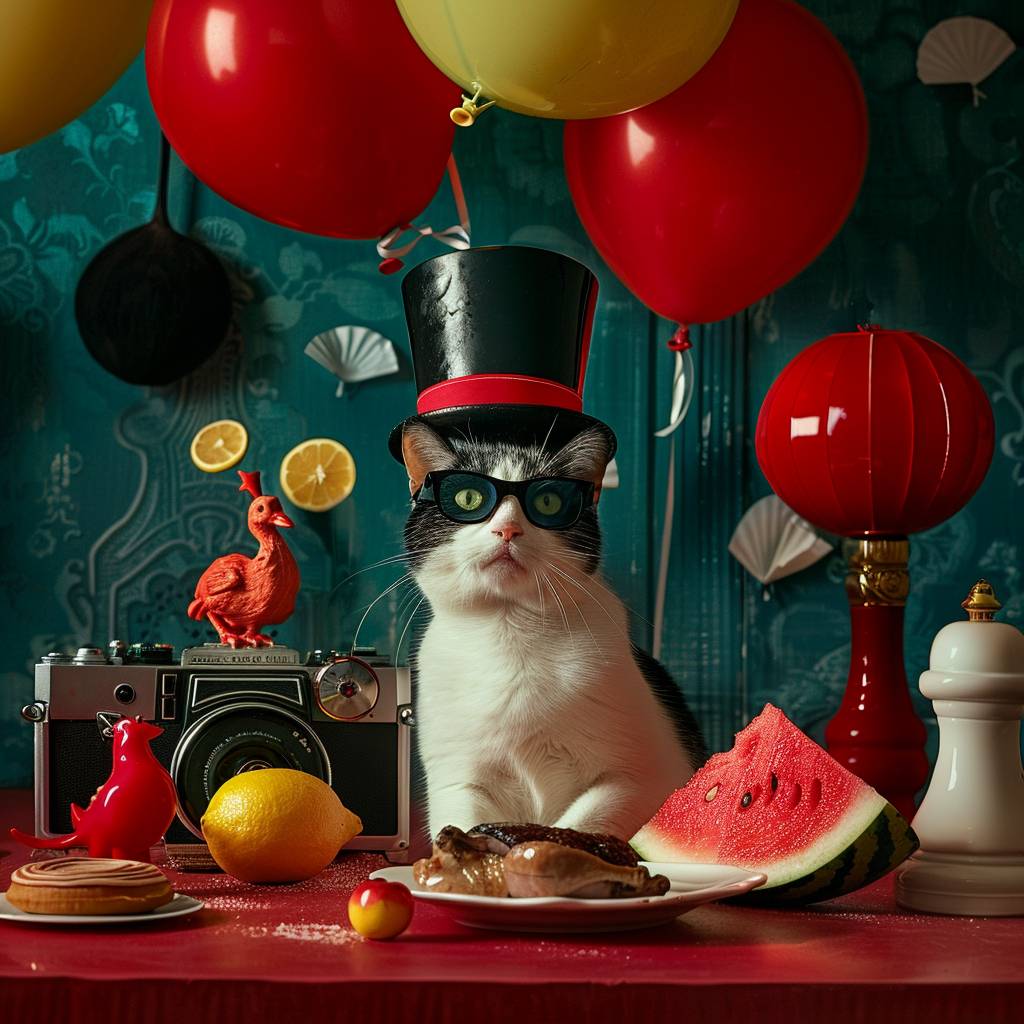 A cat wearing sunglasses and a top hat is next to a lemon, a camera, a nutcracker, a watermelon, a roast duck on a plate, a saltshaker, and a donut, with a red lamp and balloons.