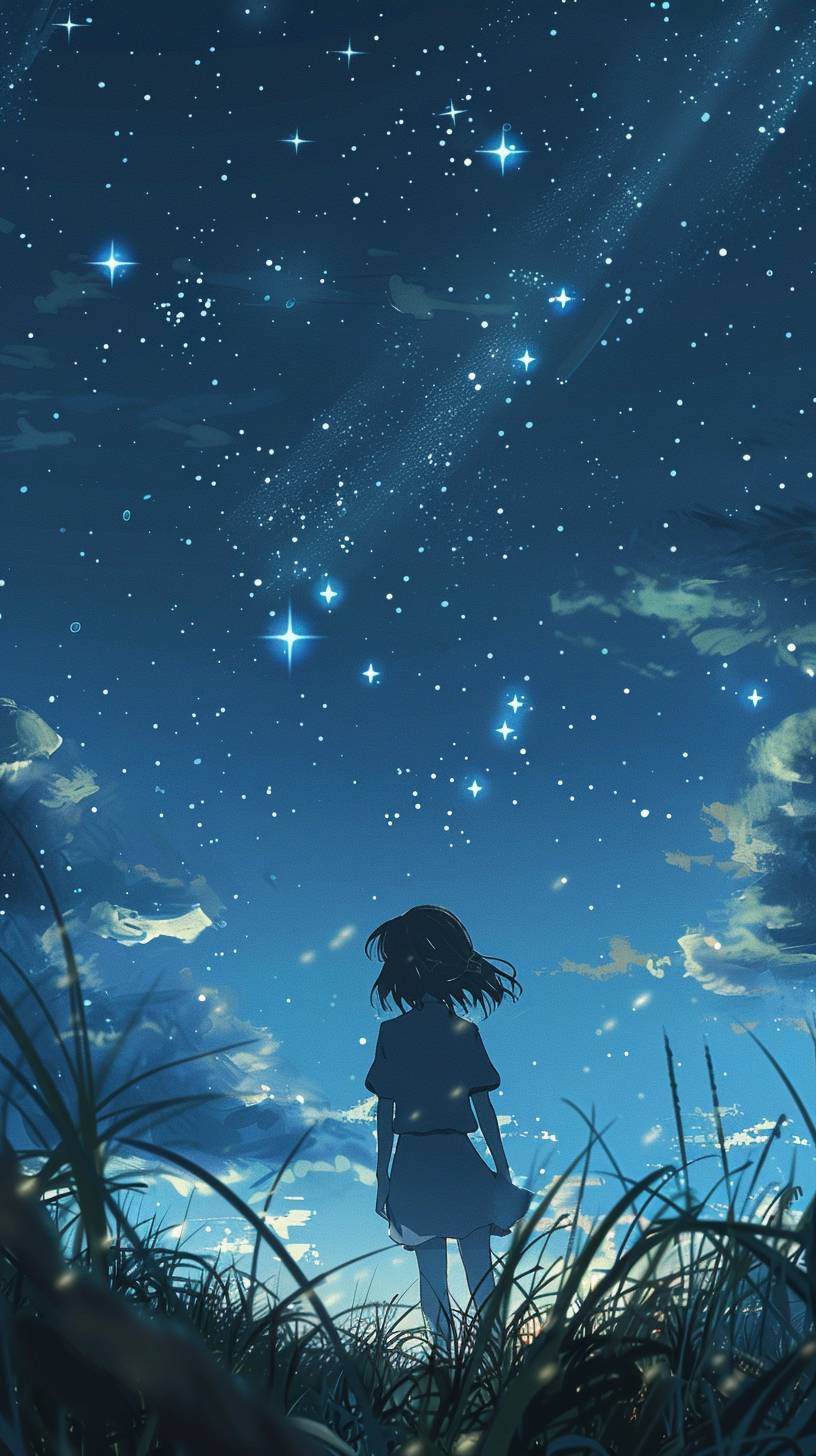 Studio Ghibli style, epic, kawaii, a girl looking up to the sky, in the grassland, teenager, night.