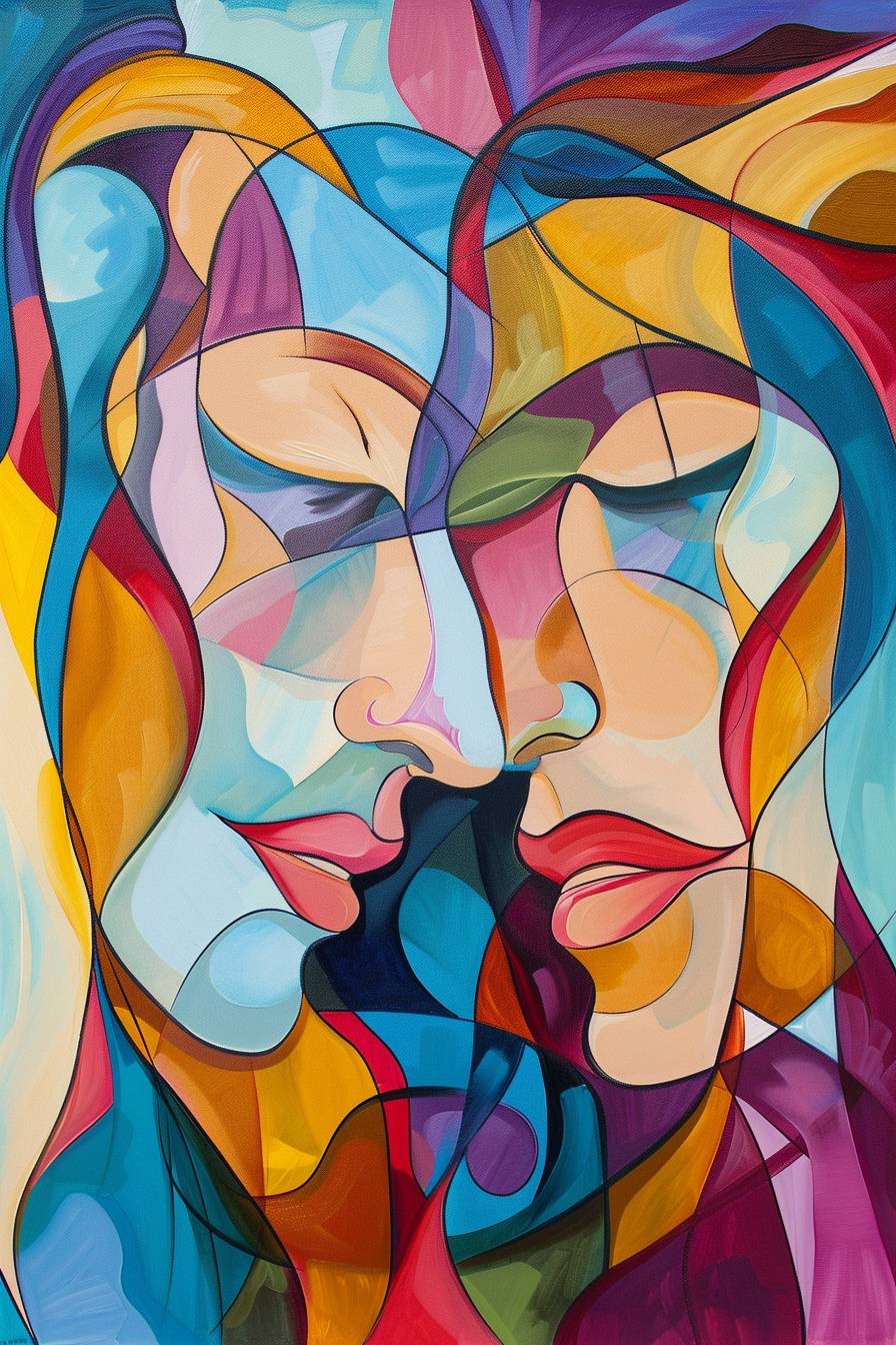 An abstract painting featuring two figures, one male and one female, in vibrant colors with smooth lines and detailed facial expressions, depicting a moment between them. The background is filled with abstract shapes that complement their forms, creating a harmonious composition while focusing on their faces.