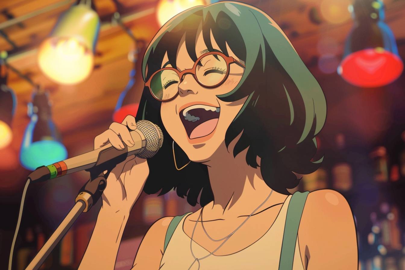 A smiling young woman with punch-permed black hair and glasses who sings with a microphone on a reggae-style stage, Ghibli style.