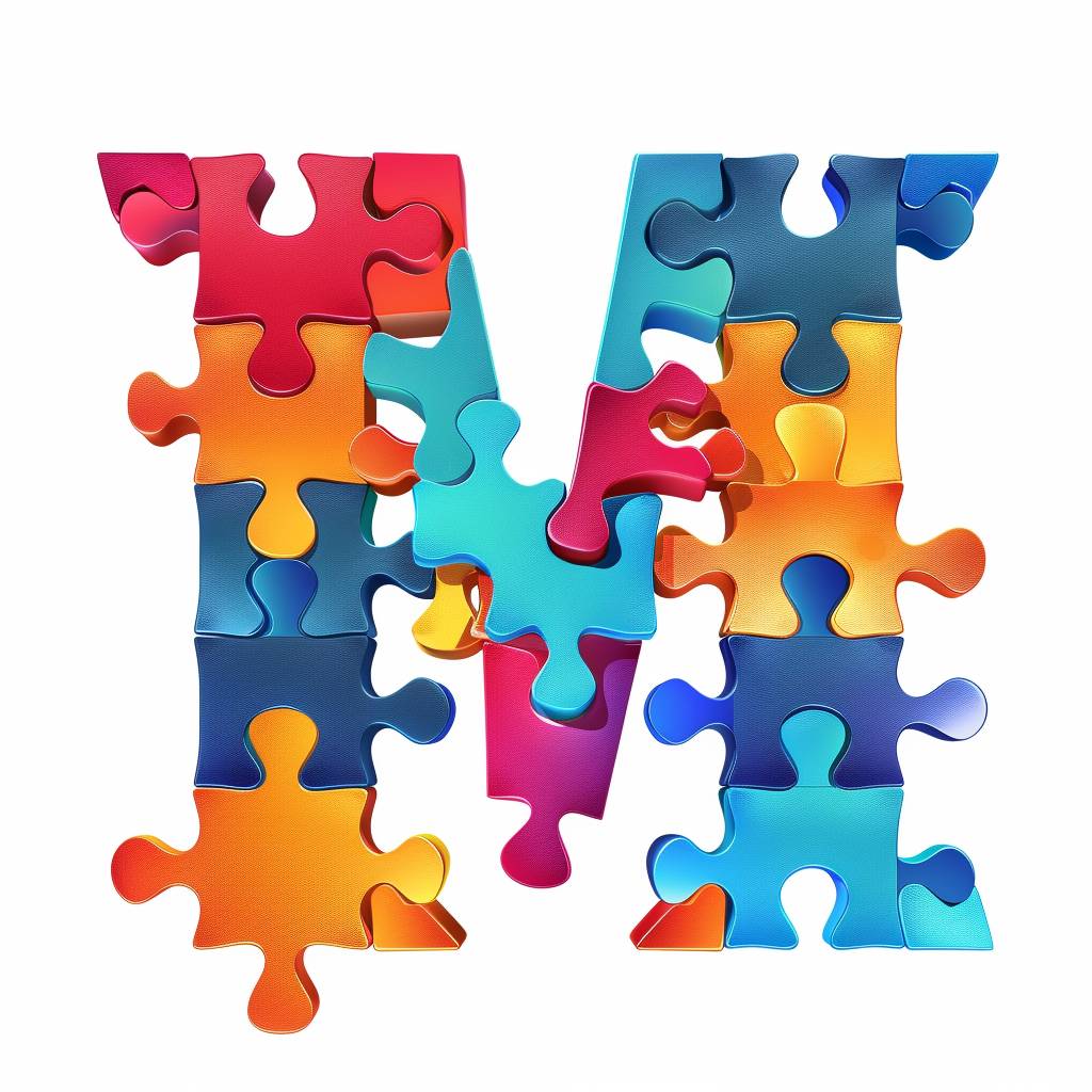 Abstract logo of letter M from colored puzzles on white background.