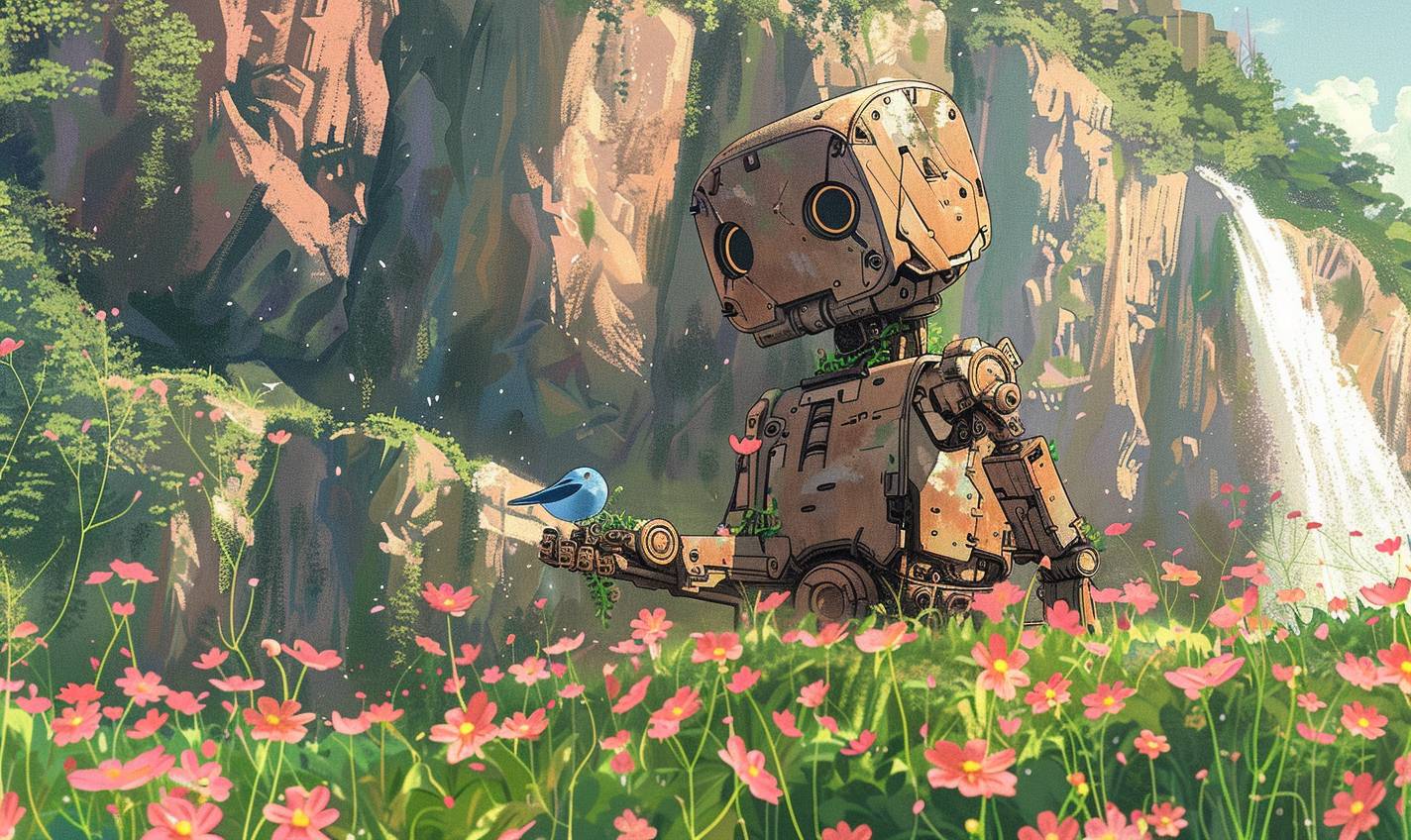 開花したつる草に覆われた風化した木製メカロボットが、高い野花の中で平和に立っており、小さな青い鳥が伸ばした手の上に静かに座っています。温かい色合いと柔らかい線で描かれたデジタルカートゥーン。滝のある大きな崖が背後にそびえ立っています。