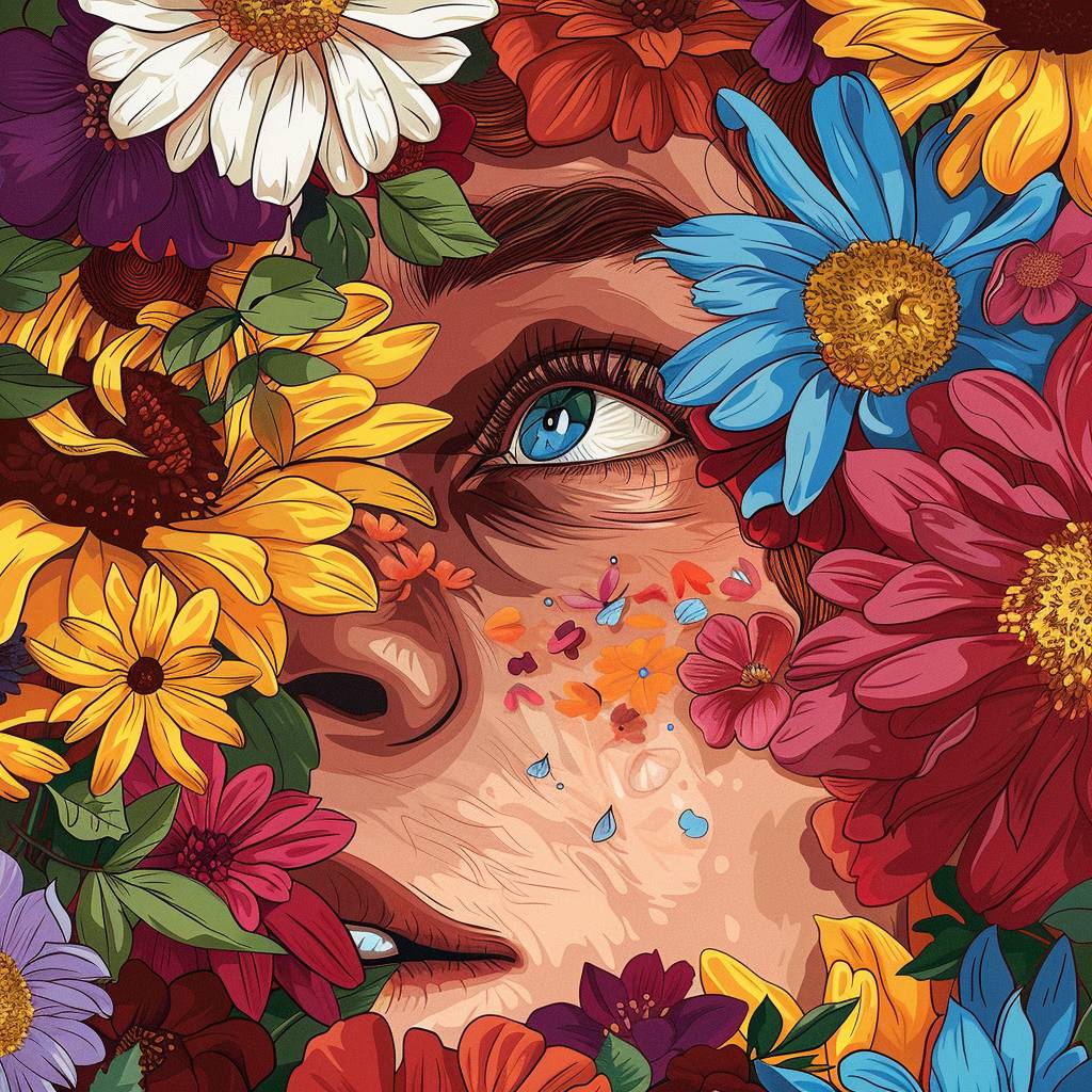 Boho style wall art, close up of [SUBJECT]'s face, surrounded by colorful flowers, hippie aesthetic, digital illustration --v 6.0