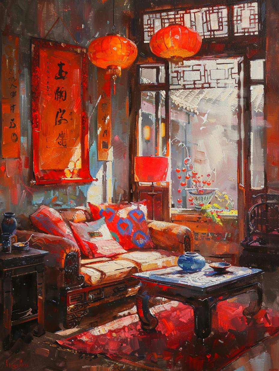 a painting of a cozy living room, Asian modern interior decoration style, bright light, warm visuals, bright colors