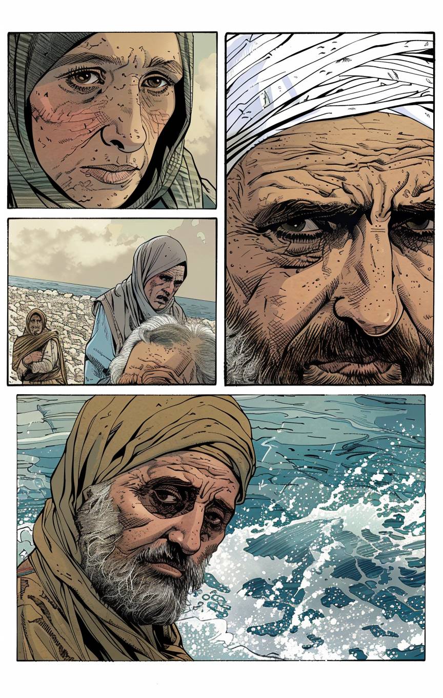 コミックブックの1ページに5つのパネルがあり、ムスリムの男性と女性がクローズアップされている。1984年、無人島の海岸、ノーマン・ロックウェルとヴィク・ムニスのスタイル、自然光、手描き、シーンの進行、ストーリーの展開、ダイナミックな動き、きれいな線、シンプルな色彩、一貫したキャラクター。