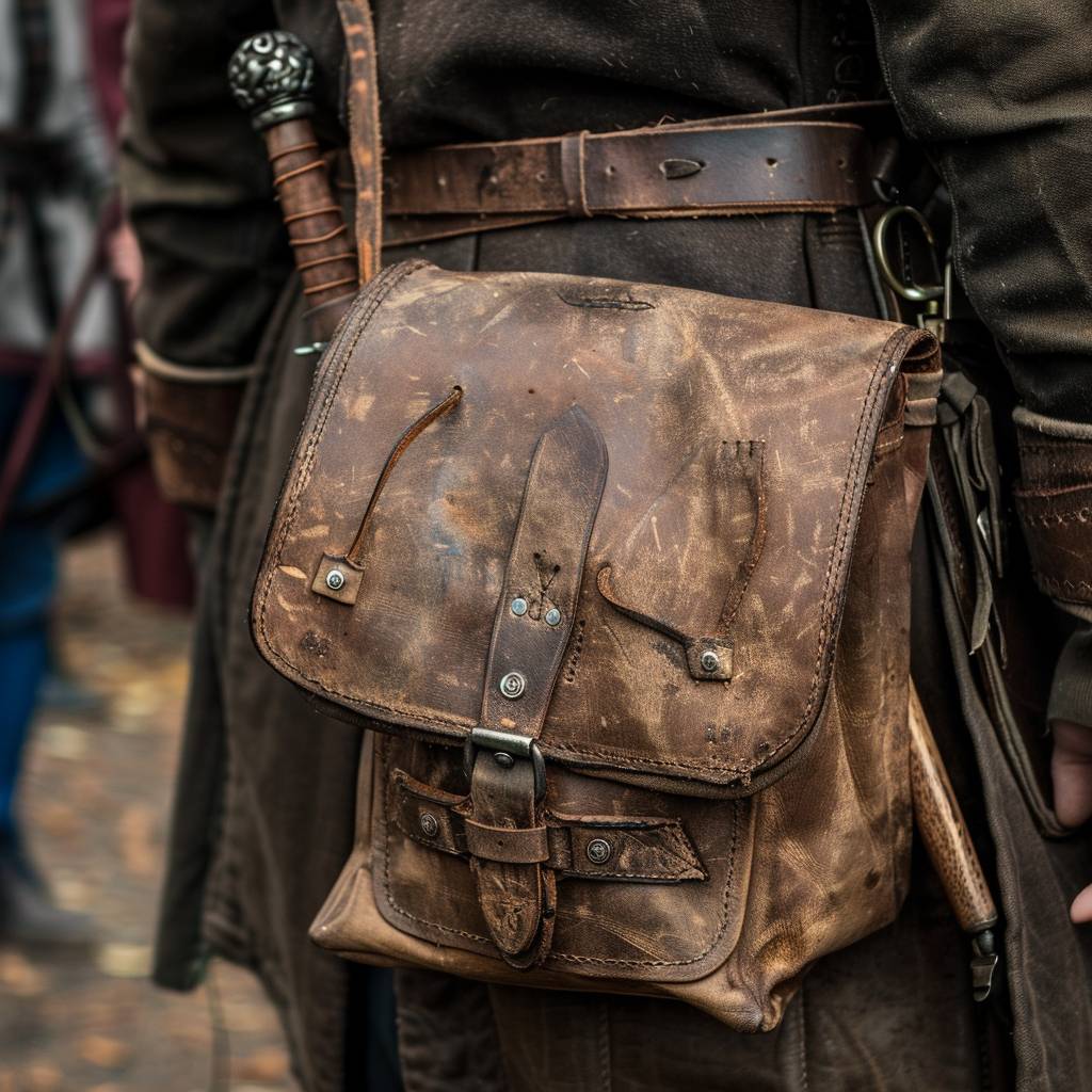 A brown leather bag, medieval style, expensive but worn, with magical powers