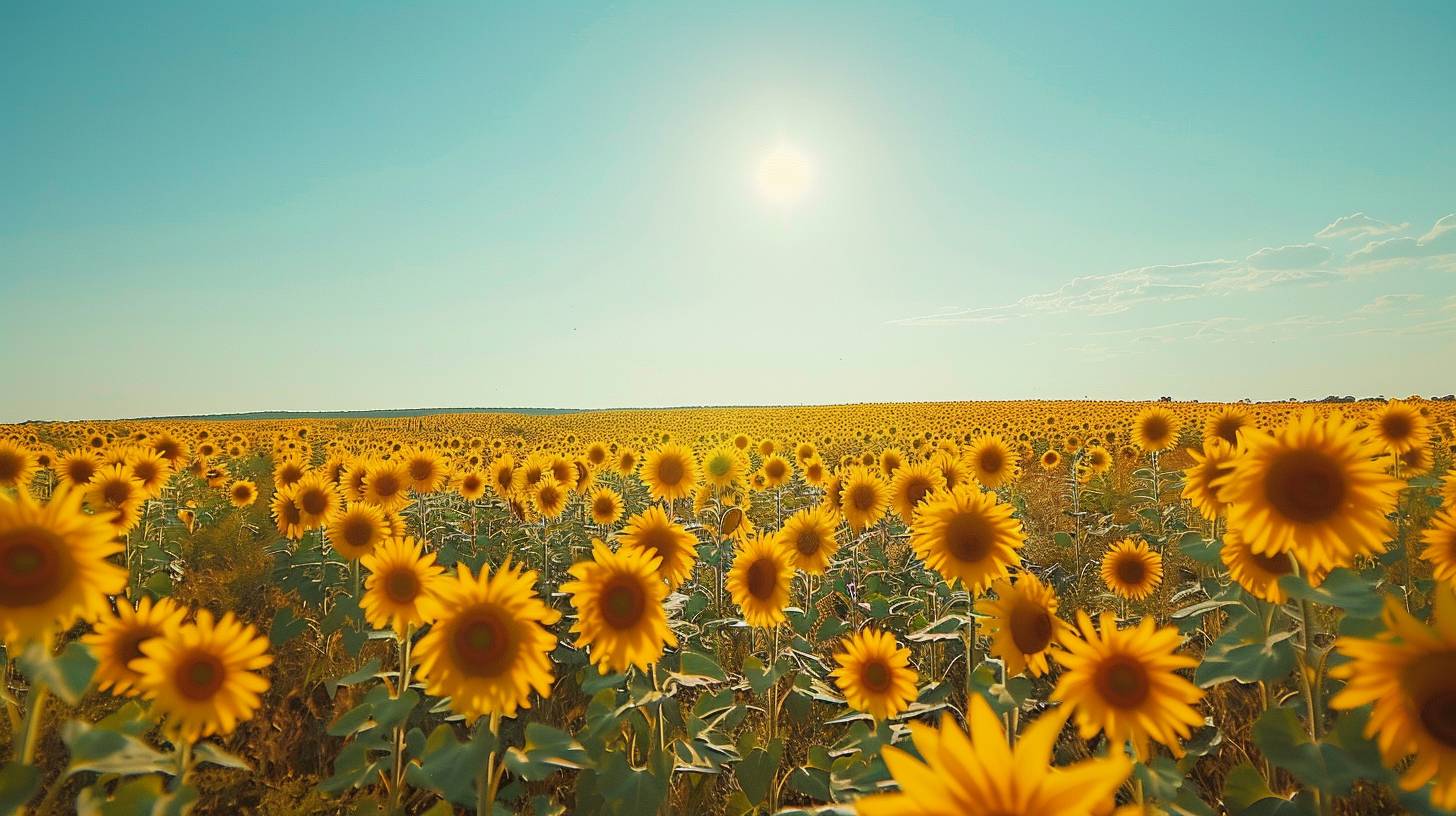 Sunflower field in full bloom, bright yellow flowers under a clear blue sky, vast expanse of copy space, cheerful and sunny, high resolution