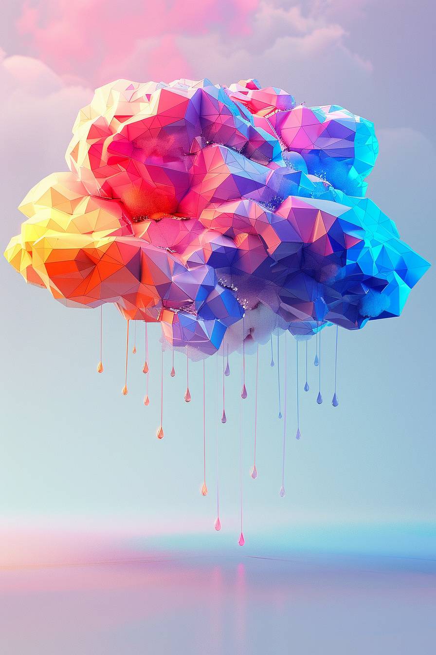 Create a colorful and vibrant 3D rendering of a rain cloud with a low poly style