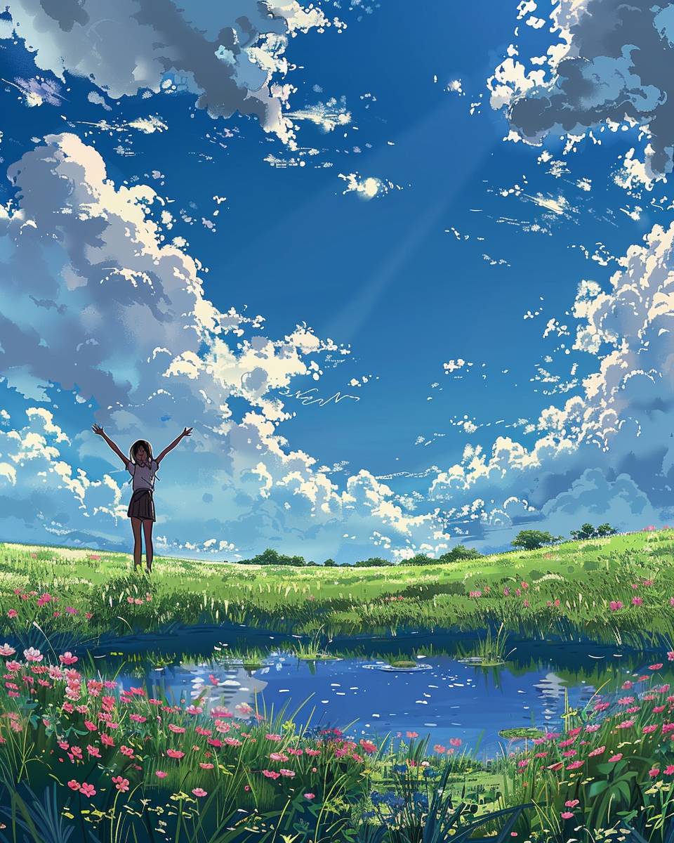 Digital anime art of a person posing with their hands in the sky, near a big field of grass with a pond, in the style of cartoon anime, wide open landscape with beautiful landscapes, next to a pond, big open sky with patches of clouds, in the style of 90's anime, beautiful blue skies, in the style of studio ghibli anime, beautiful multi color palette, celebration of rural life, colorful skies, colors of summer, pink flowers covering the ground Hayao Miyazaki ghibli style, comic book action art, Ghibli anime style art, cartoon style anime art, 90’s anime comic, manga