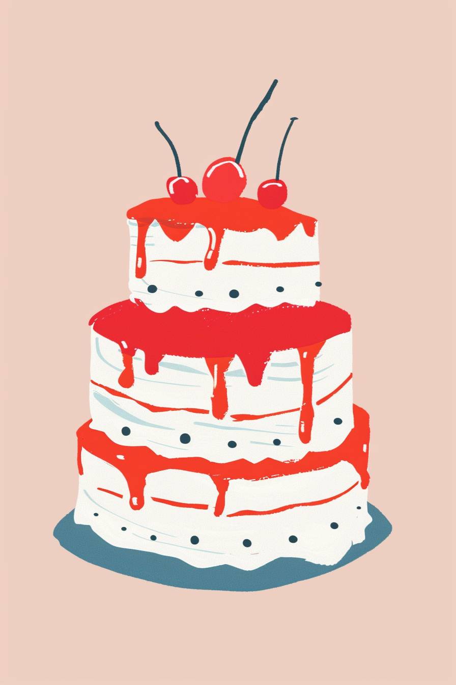 Minimalist illustration of a birthday cake with red and white frosting and cherry-topped layers in the style of Gemma Correll on a plain background, cute