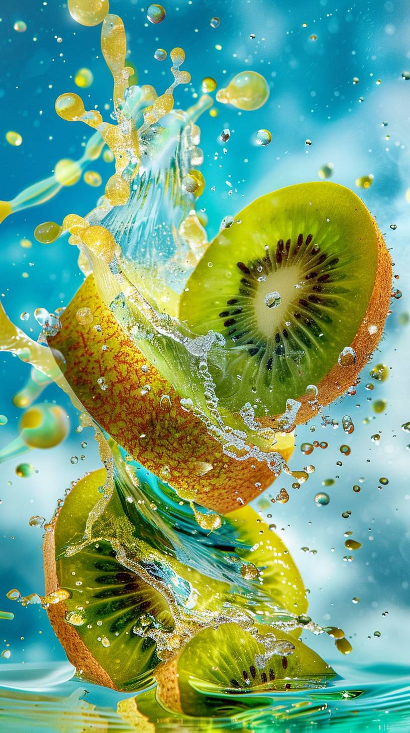 Kiwi fruit juice waterfall splash, liquid explosion, 2-3 delicate kiwi slices, super wide angle, bright blue sky background, surreal style, fresh fruit color, focus on kiwi fruit, realistic, ultra-fine detail, depth of field, high resolution, captured by Canon --chaos 10 --aspect ratio 9:16 --style raw --v 6.0