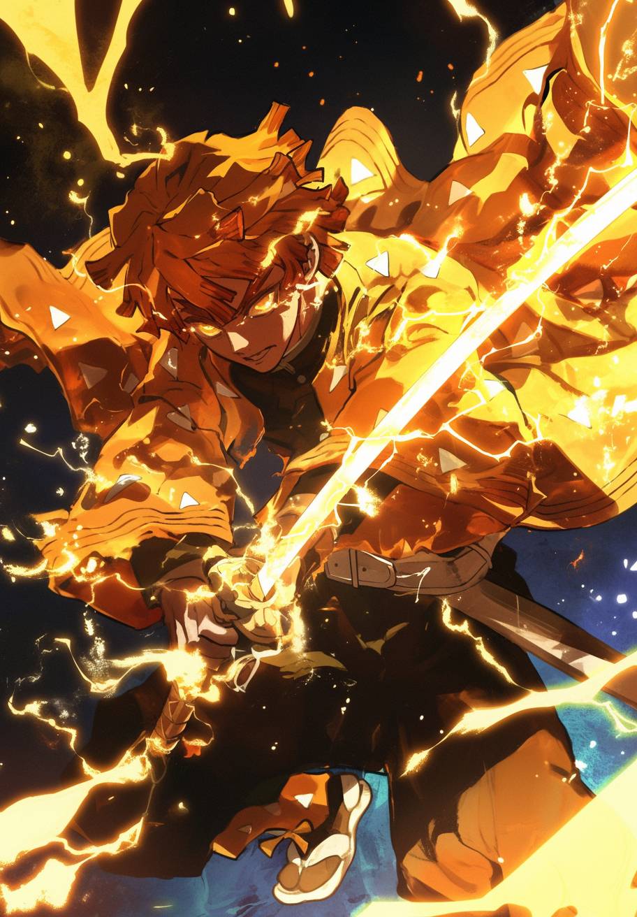 In a scene from Demon Slayer, Zenitsu Agatsuma impressively demonstrates his Thunder Breathing technique, capturing the essence of determination, courage, and the fight against evil. The style of the show focuses on dynamic action, vibrant colors, and detailed character designs. --ar 9:13 --niji 6.