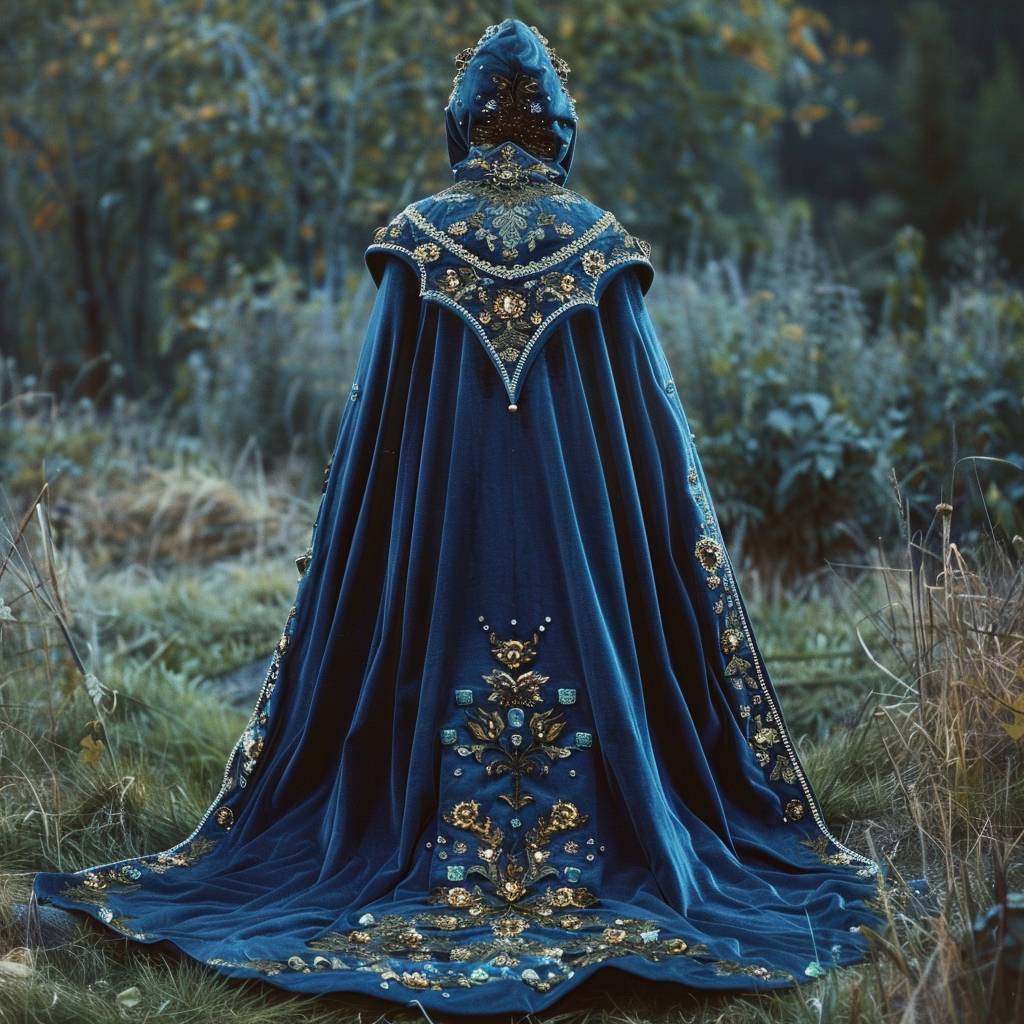 青いベルベットで作られたファッション中世のマント、宝石で飾られ、豪華なディテール、刺繍、魔法--v 6.0
