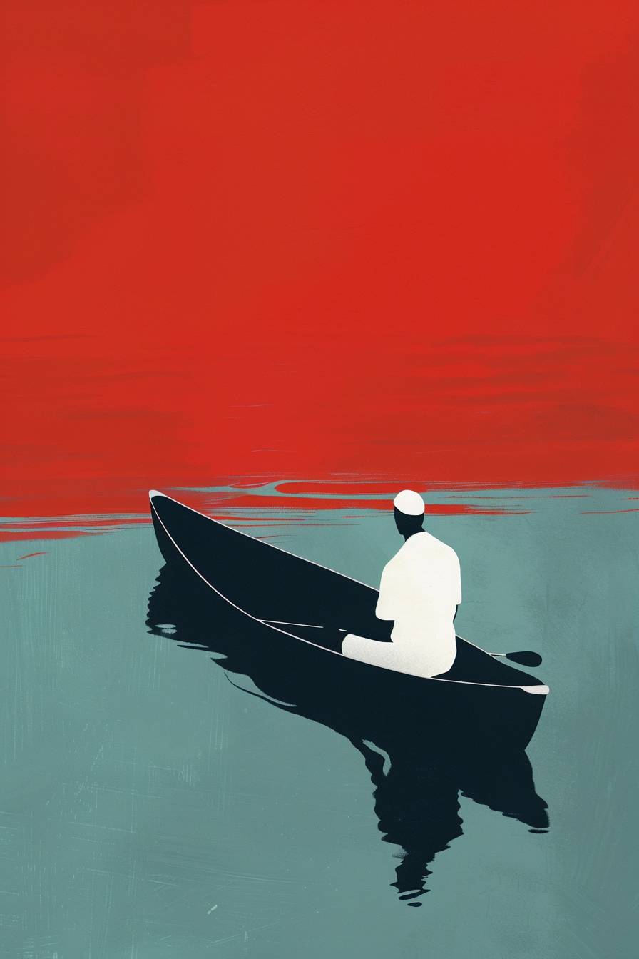 Canoe, in the style of minimalist illustrator, reinterpreted human form, iconic album covers, white and crimson, stop-motion animation, elongated forms, flat illustrations