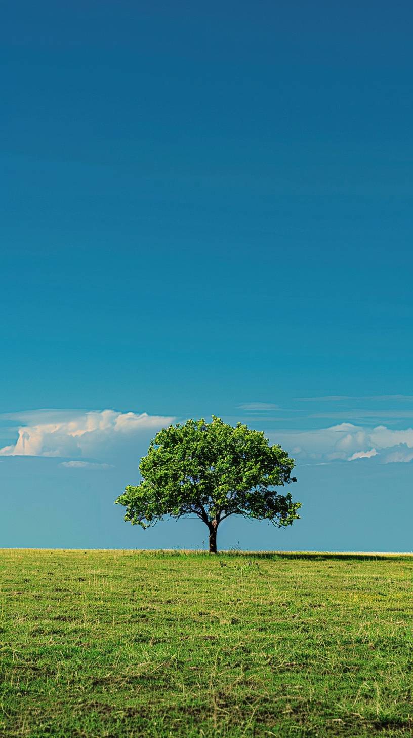 A lone tree in a vast plain in 'Vibrant Void', juxtaposing vibrant leaf green with a sense of emptiness, using sky blue and leaf green --style raw --aspect ratio 9:16  --version 6.0